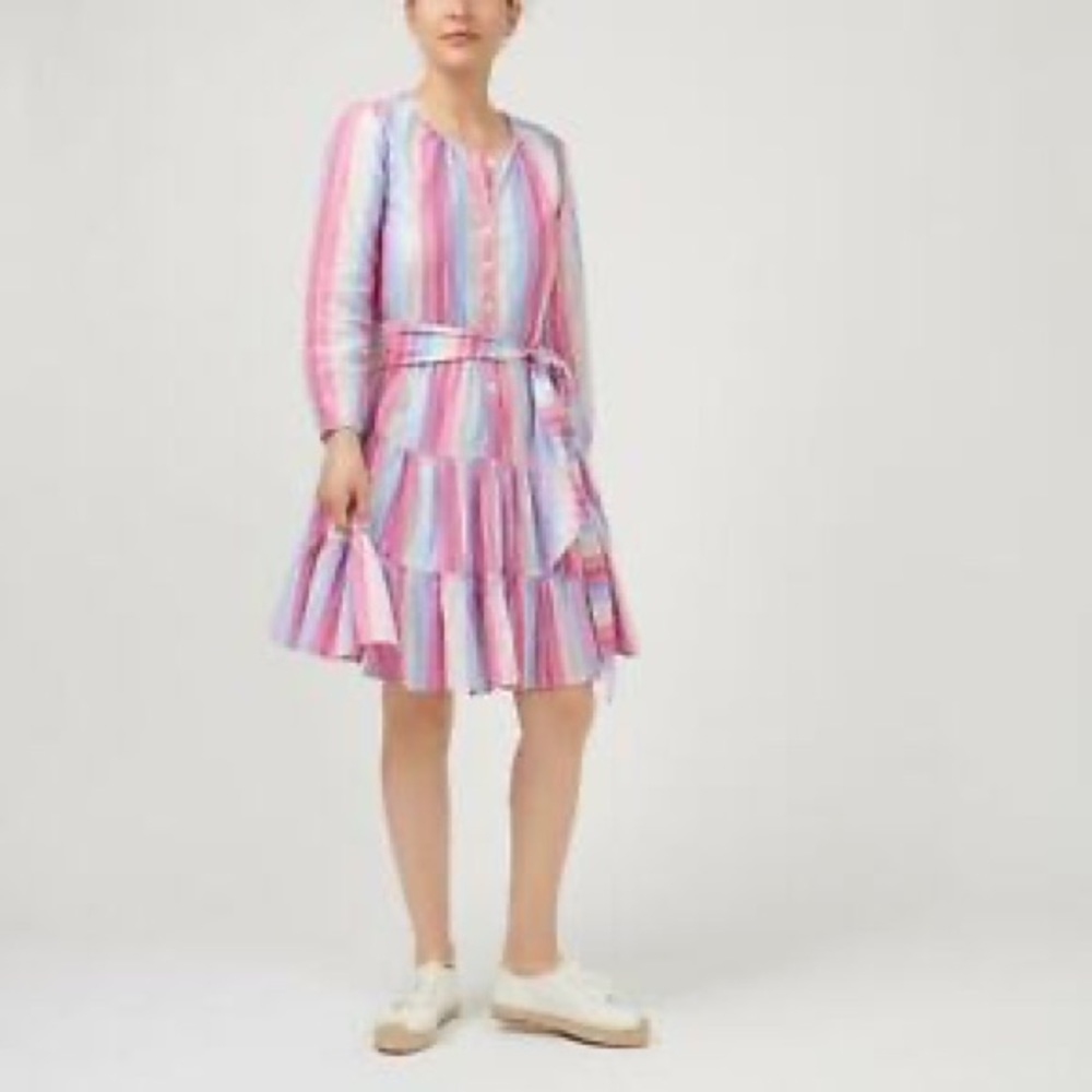 J Crew long sleeve tiered‎ metallic striped shirt dress multicolor tie waist